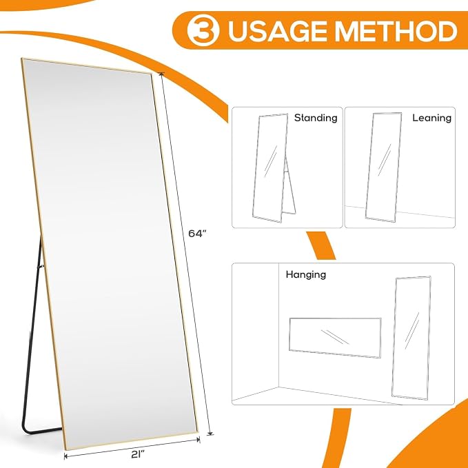 21"x64" Mirror Full Length, Upgraded Body Wall Mirrors | Shatter-Proof Glass, Floor Standing, Hanging or Leaning, Tall Mirror with Stand Aluminum Alloy Frame for Bedroom, Gold