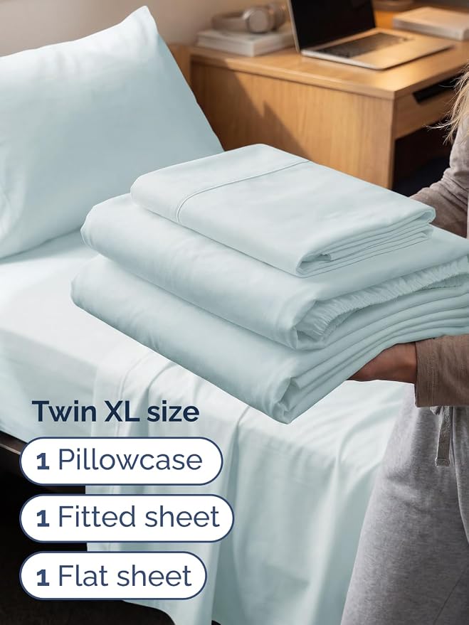 Extra Deep Twin XL Sheet Set - 3 Piece College Dorm Room - Ice Blue | Soft, Breathable & Cooling, Easily Fits 18 to 24 inch Mattress, Wrinkle Free & Fade Resistant with Extra Deep Pockets