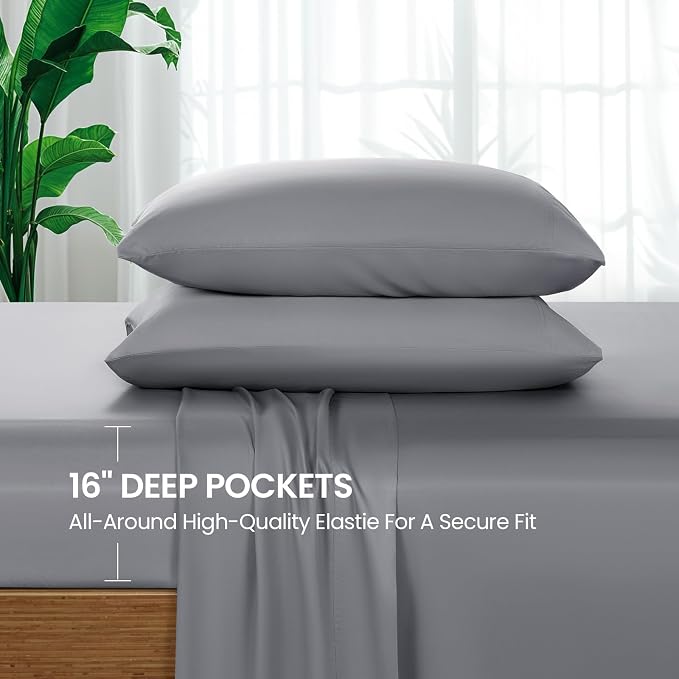 SONORO KATE 100% Viscose Derived from Bamboo_Sheets King Size,4PC | Cooling Bed Sheets for Hot Sleepers,Soft Breathable & Silky,16" Deep Pocket,Luxury Hotel Bedding,Grey