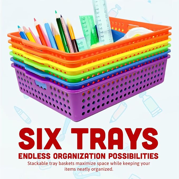 4E's Novelty 6 Pcs Colorful Plastic Classroom Storage Bins 13.75" X 10.25" for Organizing A4 Papers Trays, Turn In Containers Kids School Teachers Classroom Organization & Storage Supplies