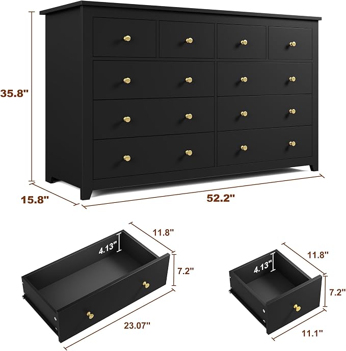 EnHomee Black Dresser for Bedroom with 10 Drawer, Multi-Layer Organization | Modern Wood Chest, 52"W TV Stand Versatile for Living Room Entryway Closet, Metal Frame and Handles, Smooth Glides, Anti-Tip