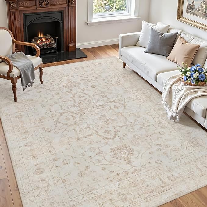 6x9 Area Rugs Living Room: Bedroom Washable Carpet Warm Beige | Vintage Boho Soft Small Indoor Decor Floor Non-Slip Low Pile Neutral Farmhouse Entryway Laundry Bathroom Bedroom Beside Rugs