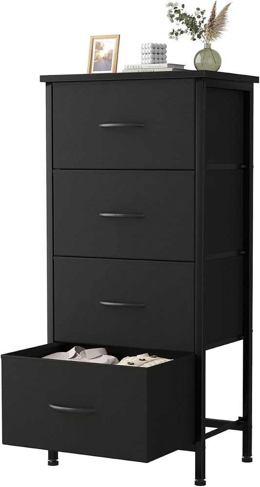 Sweetcrispy Dresser for Bedroom, 4 Drawer Storage Cabinet, Tall Nightstand | Small Fabric Black Dresser for Closet, Chest of Drawers, Closet Organizer, Home Furniture, Sturdy Frame