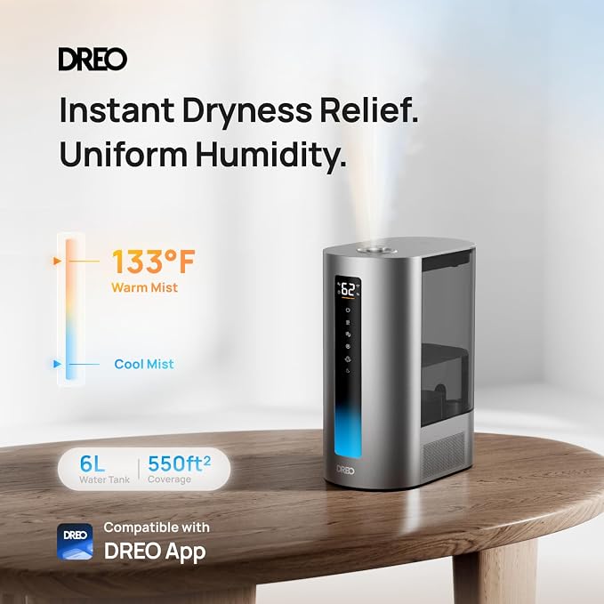 DREO 6L Smart Humidifiers for Bedroom, Warm & Cool Mist for Large Room | 60-Hour Quiet Runtime, 500ML/H Output, Smart Humidity Sensor, Indicator Light, App Control, Works with Alexa & Google, Silver