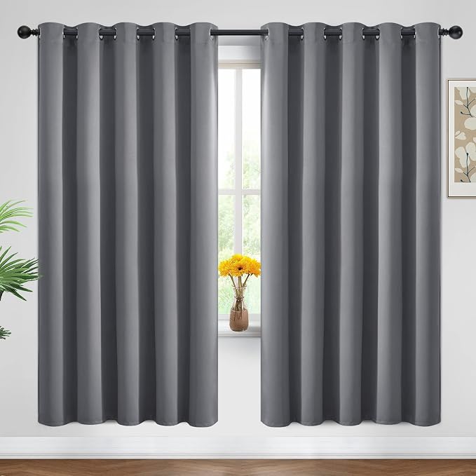 Yakamok Grey Room Darkening Curtains 62x72 inch Gray Grommet-Living Room | 2 panels,blackout window treatment,thermal insulated,light blocking drapes,privacy protection,bedroom study dining room