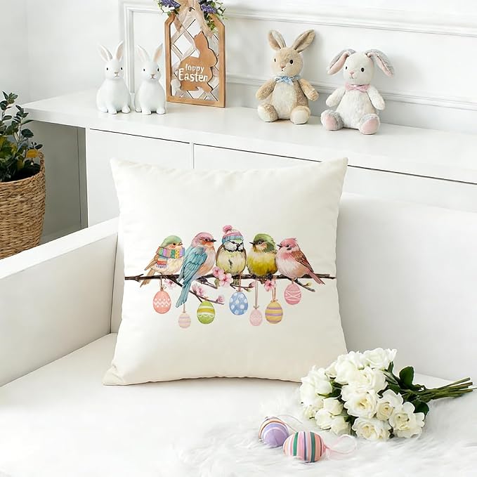RABUSOFA Easter Pillow Covers 18x18 inch Easter Decorations Pink Birds Colorful Eggs Throw Pillows for Bedroom Sofa Holiday Festivals Home Decor