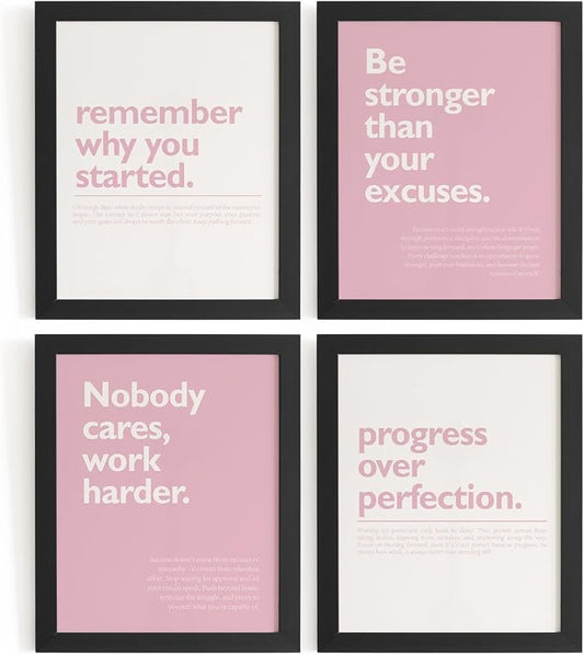 DSHFG Pink Motivational Inspirational Office Wall Art Decor Prints Set of 4 | Pink Motivational Wall Decor Trendy Retro Posters for Office Home Decor, Inspirational Posters Prints 8x10 Unframed