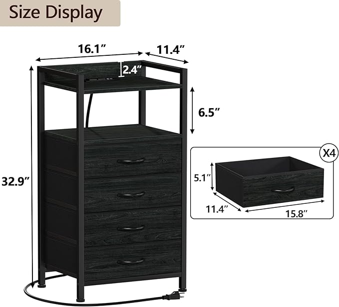 Furnulem Night Stand with Charging Station,LED,Tall Bedside Table for Dorm | 4 Drawer Dresser for bedroom, with LED light & Remote Control, Fabric Bins and Metal Frame,Wood Desk Top,Easy Assemble,Black