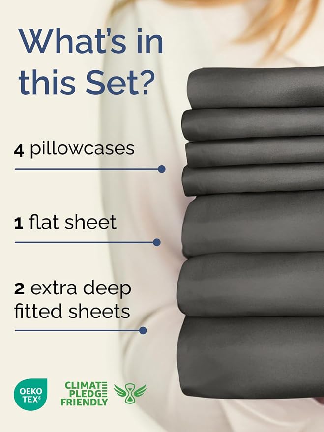 Extra Deep Split King Sheet Set - 7 Piece Breathable & Cooling - Charcoal | Hotel Luxury Bed Sheets Set, Easy & Secure Fit, Ultra-Soft, Wrinkle & Fade Free, Comfy Sheets Set with Extra Deep Pockets
