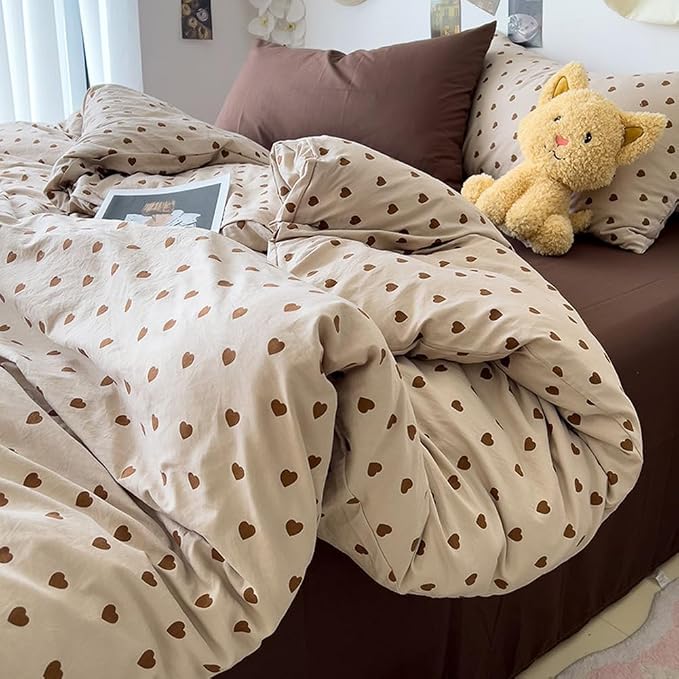 Nayoroom Brown Heart Duvet Cover Set Queen Vintage Farmhouse Bedding | Soft Breathable Washed Microfiber, All-Season Comfort, Hidden Zipper, 4 Corner Ties, Modern Aesthetic Bedding