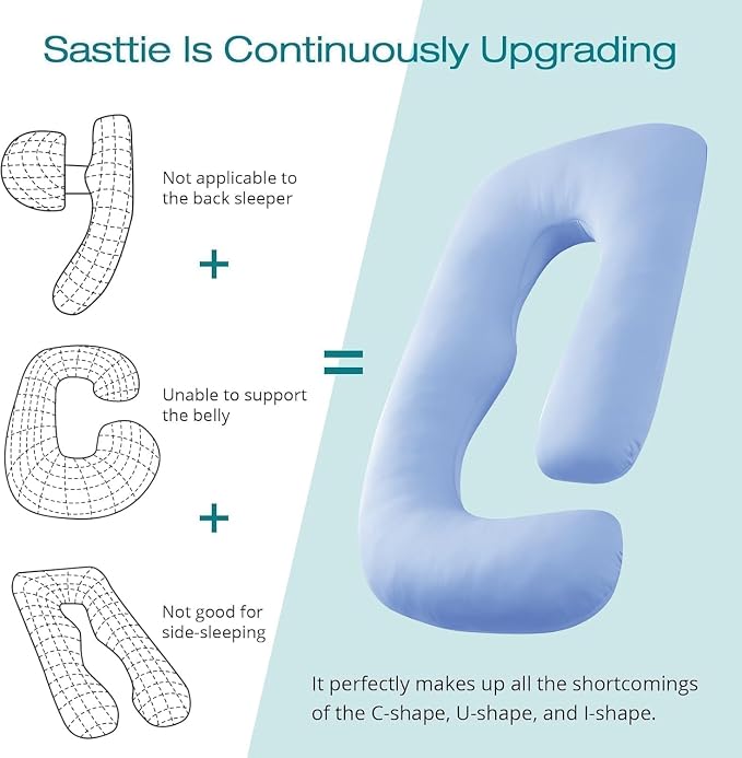 Cooling Pregnancy Pillows for Sleeping, 65'' Full Body Pillow, Light Blue | Sasttie Maternity Pillow, OEKO-TEX, Down Alternative, Removable Cover, Pregnant Women Must Haves, Maternity Essential