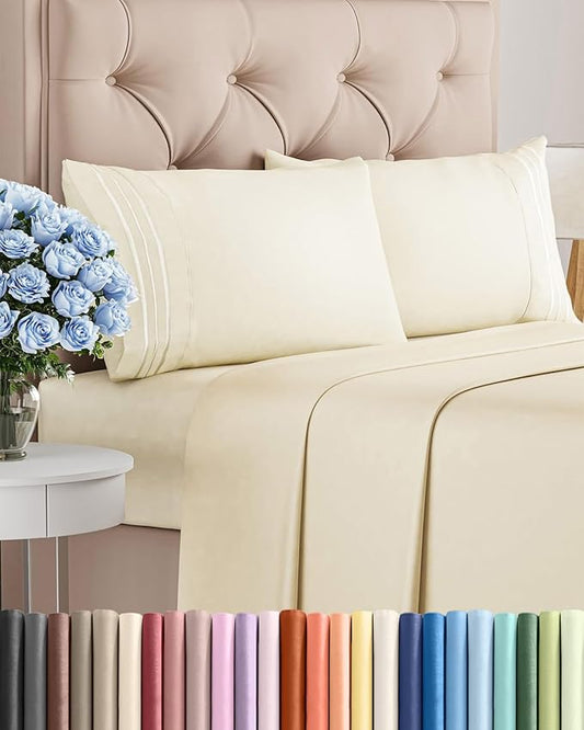 King Size 4 Piece Sheet Set - Comfy Breathable & Cooling Sheets - Off White | Hotel Luxury Bed Sheets for Women & Men, Deep Pockets, Easy-Fit, Extra Soft and Wrinkle Free Sheets, Oeko-Tex Bed Sheet Set