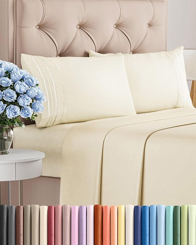 Queen Size 4 Piece Sheet Set - Breathable & Cooling Sheets - Off White | Hotel Luxury Bed Sheets for Women & Men, Deep Pockets, Easy-Fit, Extra Soft and Wrinkle Free Sheets, Oeko-Tex Bed Sheet Set