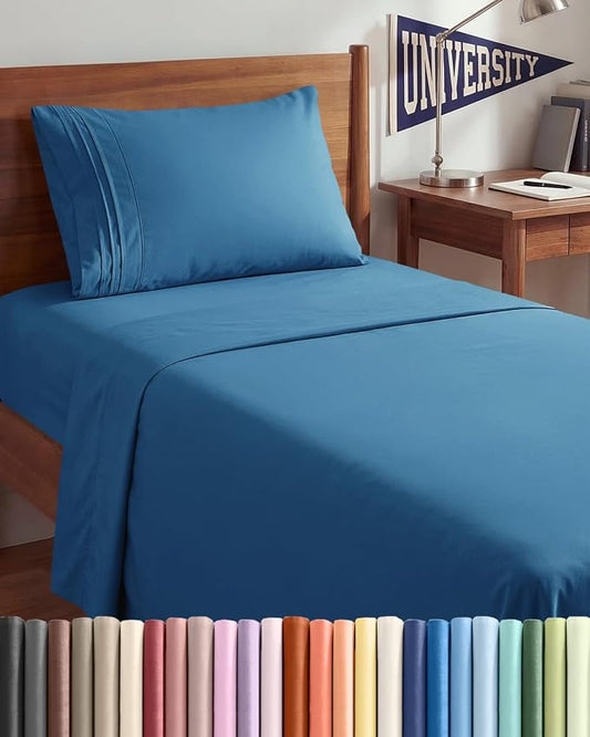 Twin XL 3 Piece Sheet Set - College Dorm Room Essentials - Denim Blue | Deep Pocket Bed Sheets for Women, Men, Teens & Students, Soft, Cooling, Breathable & Wrinkle Free, Oeko-Tex Bed Sheet Set