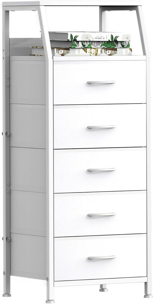 5 Drawers White Tall Fabric Dresser for Bedroom, Dorm Nightstand | Vertical Storage Tower Closet Organizer, Skinny Narrow Bedside Table for Entryway, Steel Frame, Wooden Top