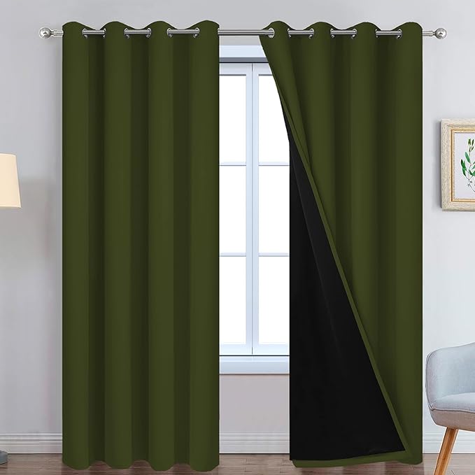 Yakamok Olive Green 100% Blackout Curtains 84 Inches Long 52" Wide 2 Panels | Blackout Curtain Panels for Bedroom, 2 Thick Layers Grommet Top Thermal Insulated Drapes with Black Liner for Living Room