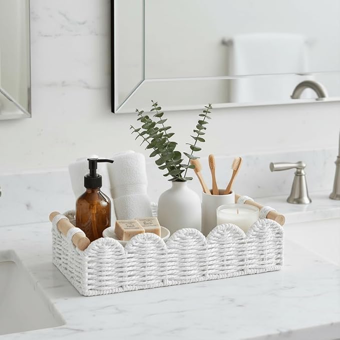 CubesLand Toilet Paper Storage Basket Organizer, Small Wicker Decor Basket | Toilet Tank Top Decorative Basket for Countertop, Handwoven Scalloped Basket W/Handle for Home Decor Living Room, White
