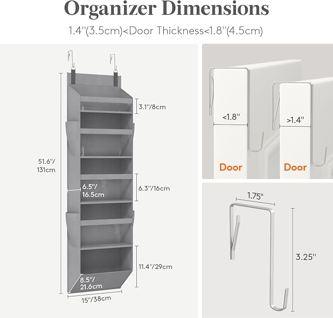 Lifewit 1 Pack Over the Door Organizer, Clear Window Hanging Storage with 4 Side Pockets, Anti Tilt 40 lbs Load Behind Door for Pantry, Nursery, Bathroom, Bedroom, Dorm, 5 Section, Gray