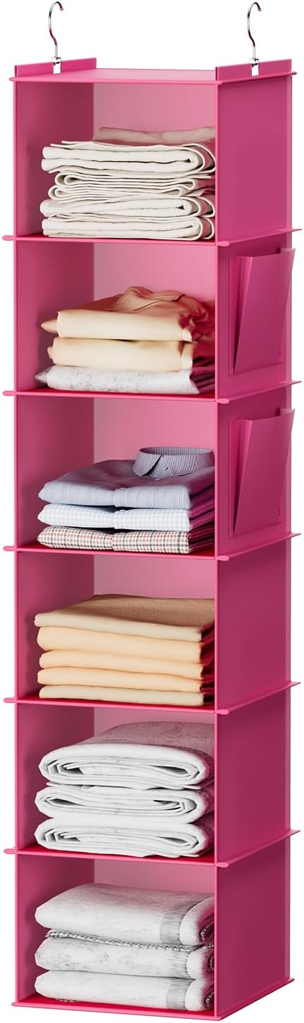 YOUDENOVA Hanging Closet Organizer and Storage, 6-Shelf, Pink | Breathable Fabric, Clothes Organizer with 2 Side Pockets, Hanging Shelves for Closet Storage, Dorm Room Essentials for Guys