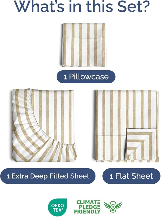 Extra Deep Twin Sheet Set - 3 Piece Breathable & Cooling - Beige Stripes | Easily Fits 18 to 24 inch Mattress - Ultra Soft, Wrinkle & Fade Free with Extra Deep Pockets - Comfy Hotel Luxury Bedding