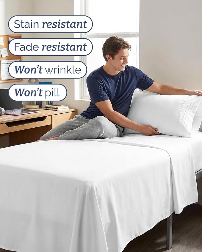 Twin XL 3 Piece Sheet Set - College Dorm Room Essentials - White | Deep Pocket Bed Sheets for Women, Men, Teens & Students, Soft, Cooling, Breathable & Wrinkle Free, Oeko-Tex Bed Sheet Set