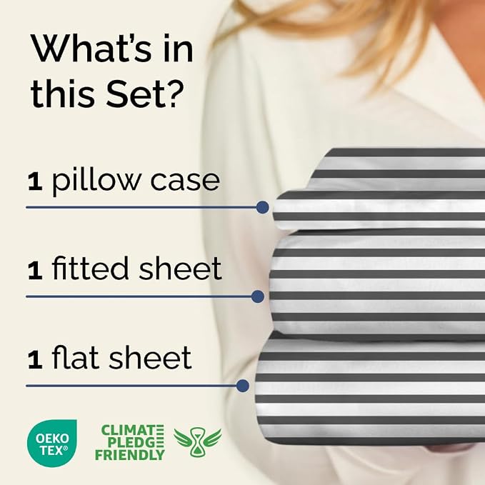 Twin XL 3 Piece Striped Sheet Set - Breathable & Cooling - Black Pinstripe | 1 Flat, 1 Fitted & 1 Pillowcase w/ Deep Pockets, Luxury Striped Bedding, Soft, Breathable & Cooling, Wrinkle & Fade Free