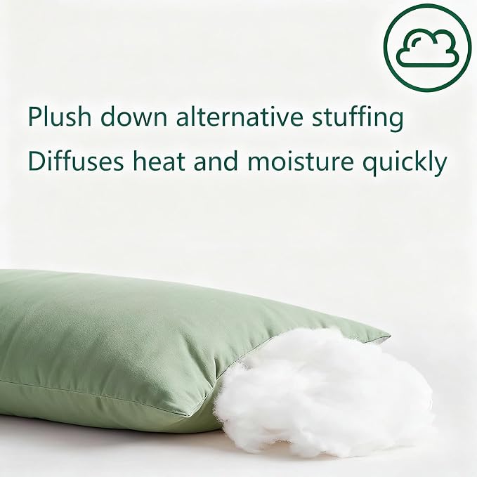 Flat Ultra Thin Bed Pillows Standard Size Pillow Set of 2 Extra Soft Down Alternative for Stomach Back Sleeper Sage Green 20x26inches