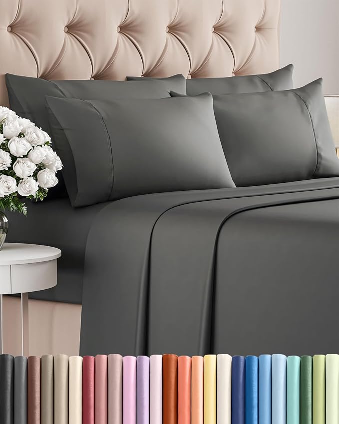 Full 6 Piece Bed Sheet Set - Comfy, Breathable & Cooling Sheets - Charcoal | Ultra-Soft Hotel Luxury Bedding Set with 8-16 Inch Deep Pockets, 1 Flat & 1 Fitted Sheet & 4 Pillowcases, Wrinkle & Fade Free