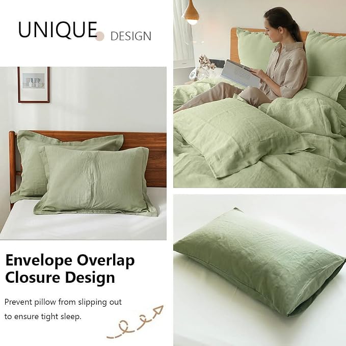 Simple&Opulence 100% Washed Linen Duvet Cover Set 5pcs(1 Duvet Cover& 2 Shams& 2 Pillowcases) Basic Style Natural French Flax Soft Breathable Farmhouse Bedding (King, Sage Green)