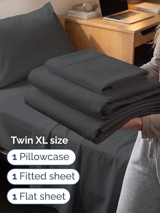 Extra Deep Twin XL Sheet Set - 3 Piece College Dorm Room - Charcoal | Soft, Breathable & Cooling, Easily Fits 18 to 24 inch Mattress, Wrinkle Free & Fade Resistant with Extra Deep Pockets