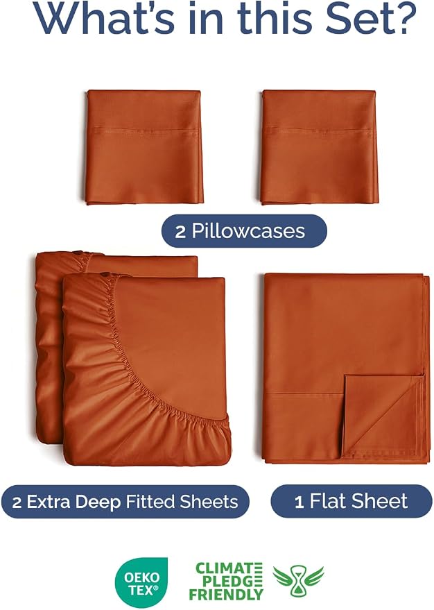 Extra Deep Split King Sheet Set - 5 Piece Breathable Cooling - Terracotta | Easily Fits 18 to 24 inch Mattress - Ultra Soft, Wrinkle & Fade Free with Extra Deep Pockets - Comfy Hotel Luxury Bedding