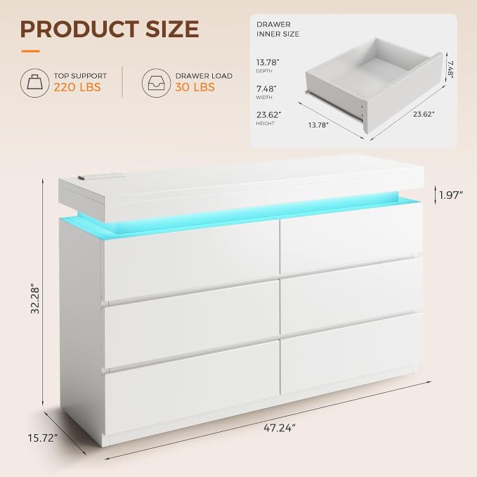 6 Drawer Dresser with LED Lights and Charging Station, Modern White Dresser | RGB Lights with App and Remote Control, Music Sync Mode, 6 Spacious Drawers and Durable MDF Storage for Bedrooms or Closets