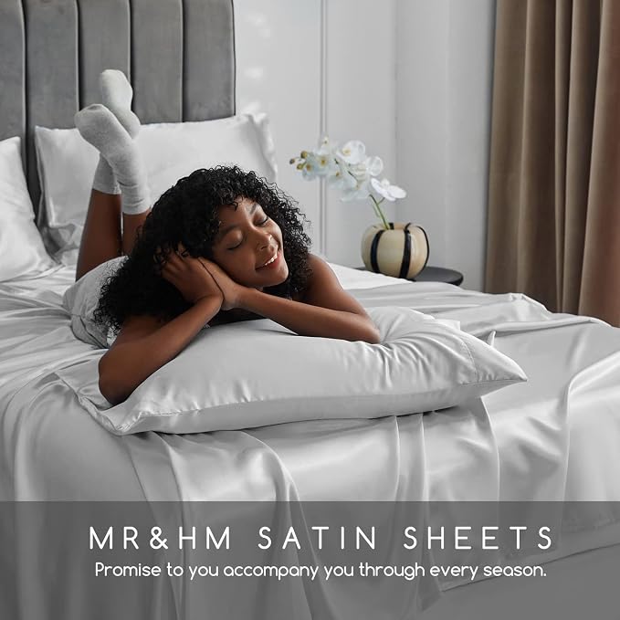 MR&HM Satin Sheets King Size with Elastic Corner Straps, Silver Grey | Similar to Silk, 6-Piece Silky Soft Bed Sheet Set, Gentle on Skin and Hair, 15" Deep Pocket, Cooling & Breathable
