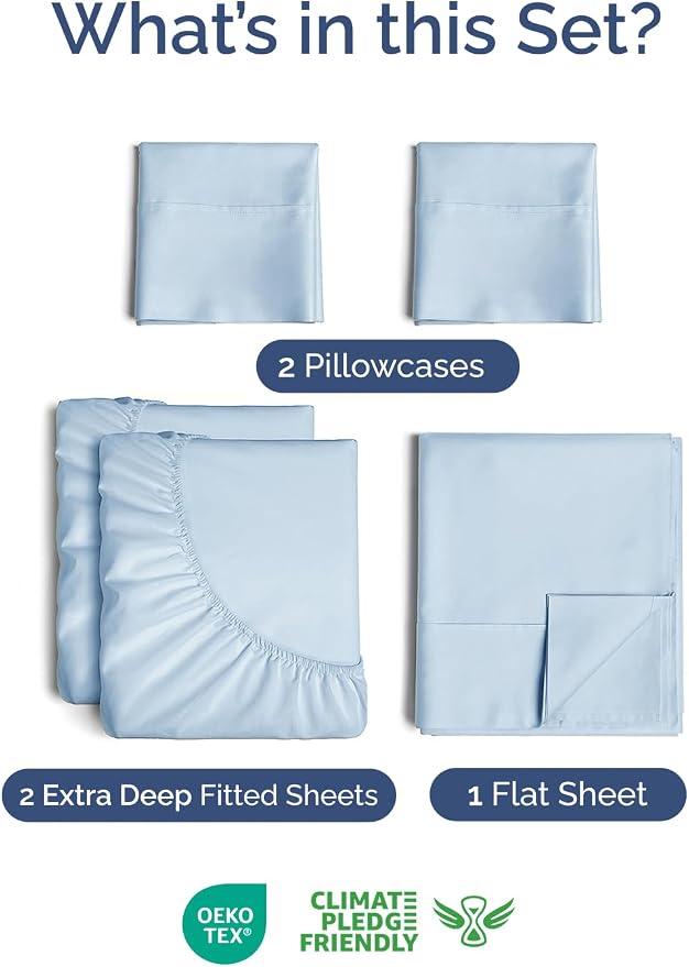 Extra Deep Split King Sheet Set - 5 Piece Soft & Cooling Sheets - Sky Blue | Easily Fits 18 to 24 inch Mattress - Ultra Soft, Wrinkle & Fade Free with Extra Deep Pockets - Comfy Hotel Luxury Bedding