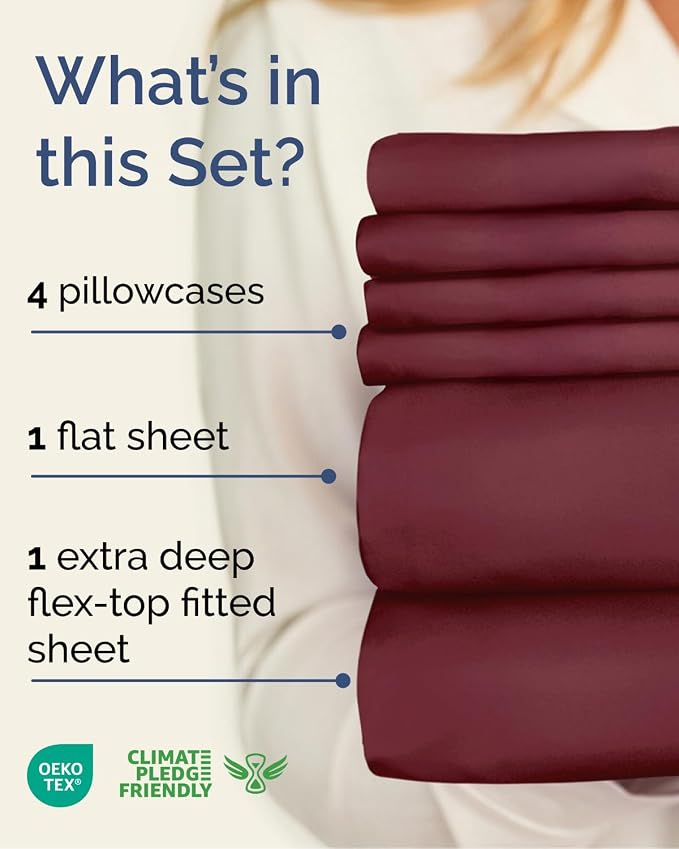 Flex Top Split Head King 6 Piece Sheet Set - Soft & Cooling - Burgundy | Ultra Soft Hotel Luxury Bedding Set w/ 8-16 Inch Deep Pockets, 1 Flat & 1 Split-Head Fitted Sheet & 4 Pillowcases, Fade Free