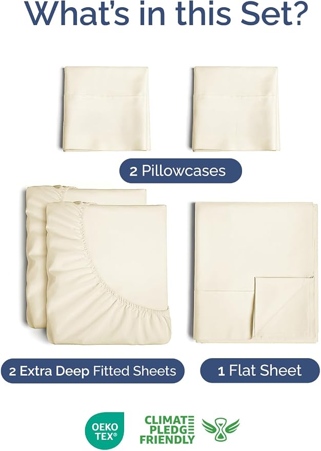 Extra Deep Split King Sheet Set - 5 Piece Soft & Cooling Sheets - Off White | Easily Fits 18 to 24 inch Mattress - Ultra Soft, Wrinkle & Fade Free with Extra Deep Pockets - Comfy Hotel Luxury Bedding