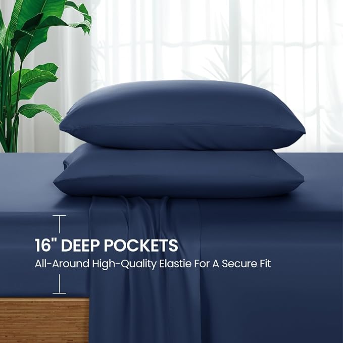 SONORO KATE 100% Viscose Derived from Bamboo_Sheets King Size,4PC | Cooling Bed Sheets for Hot Sleepers,Soft Breathable & Silky,16" Deep Pocket,Luxury Hotel Bedding,Navy Blue