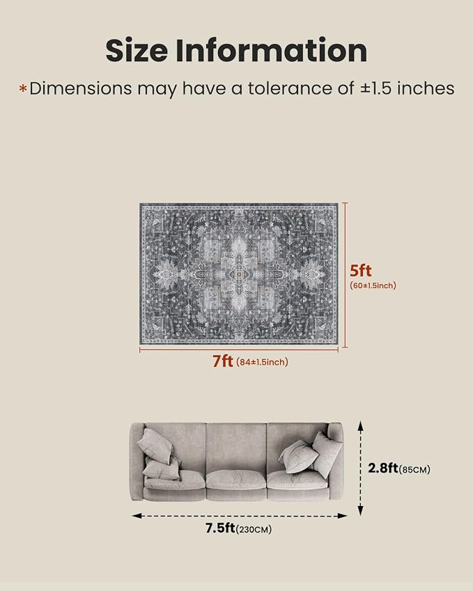 AMADA HOMEFURNISHING 5x7 Area Rugs, Washable Living Room Rug Low-Profile with Non-Slip Backing & Durable Edge Binding, Vintage 5x7 Rugs for Living Room, Bedroom, Dining Room