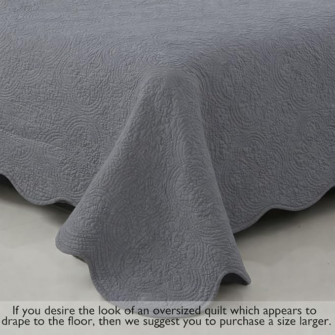 Cozy Line Home Fashions Charcoal Gray Cotton Quilt Set – 3-Piece Solid Textured Quilted Bedspread with Shams, Lightweight All Season Modern Bedding (Blantyre - Grey, Queen - 3 piece)