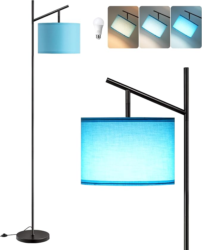 EDISHINE Blue Floor Lamps for Living Room, 64.7" Modern Standing Lamp | 3 Color Temperatures, Bulb Included, Adjustable Linen Shade, Foot Switch, Weighted Base, Tall Light for Office, Bedroom