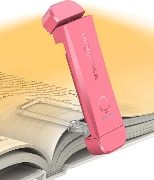 HIONXMGA Book Light,Rechargeable Reading Light for Books in Bed at Night | Up to 100H Runtime,3 Amber Colors,Stepless Dimming,Eye-Caring Mode,USB Charging,Bookmark,Women Book Lovers,Christmas,Pink