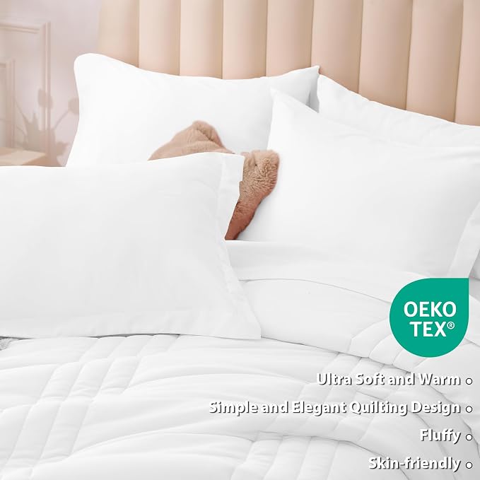 Queen Comforter Set White - Bed in a Bag Queen Size 7 Pieces, Soft Bedding Set for All Seasons, Premium Queen Comforter Set with Comforter, Sheets, Pillowcases & Shams