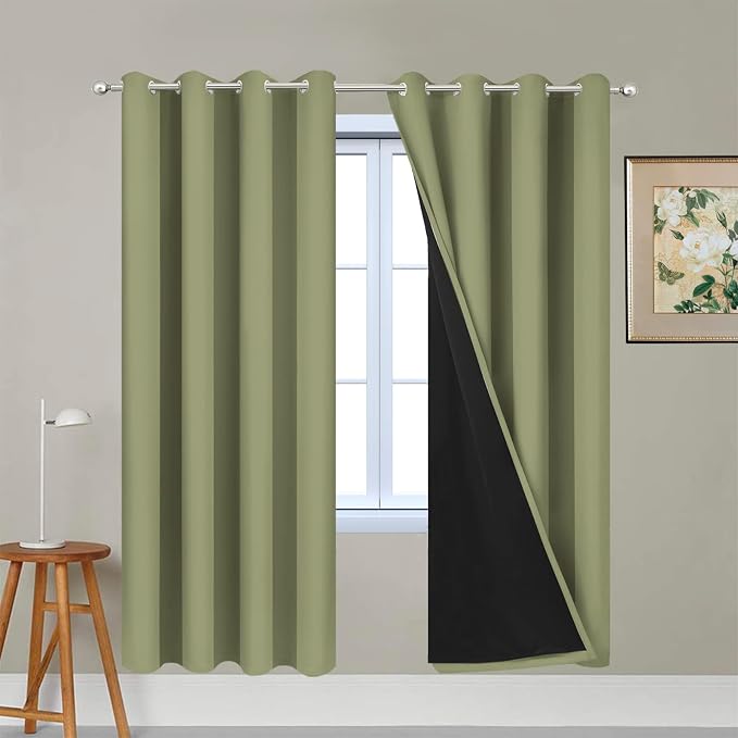 Yakamok Sage Blackout Curtains 72 Inches Long for Bedroom 52" Wide 2 Panel | Blackout Curtain Panels for Bedroom, 2 Thick Layers Grommet Top Thermal Insulated Drapes with Black Liner for Living Room
