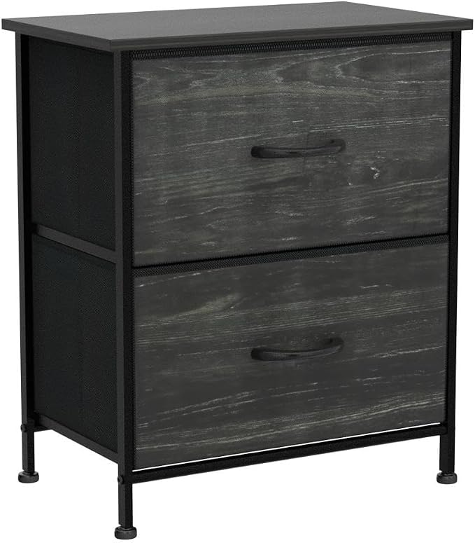 WLIVE Night Stand Set 2, Nightstand with 2 Fabric Drawers, Small Dresser for Bedroom, Bedside Table for Small Spaces, Dorm, Charcoal Black Wood Grain Print | Versatile Small Side Table, Sturdy Metal Frame & Adjustable Feet, 15-Min Quick-Assembly