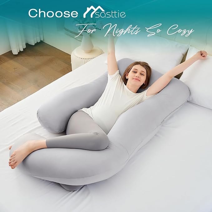 Cooling Pregnancy Pillows for Sleeping, 65'' Full Body Pillow, Light Grey | Sasttie Maternity Pillow, OEKO-TEX, Down Alternative, Removable Cover, Pregnant Women Must Haves, Maternity Essential