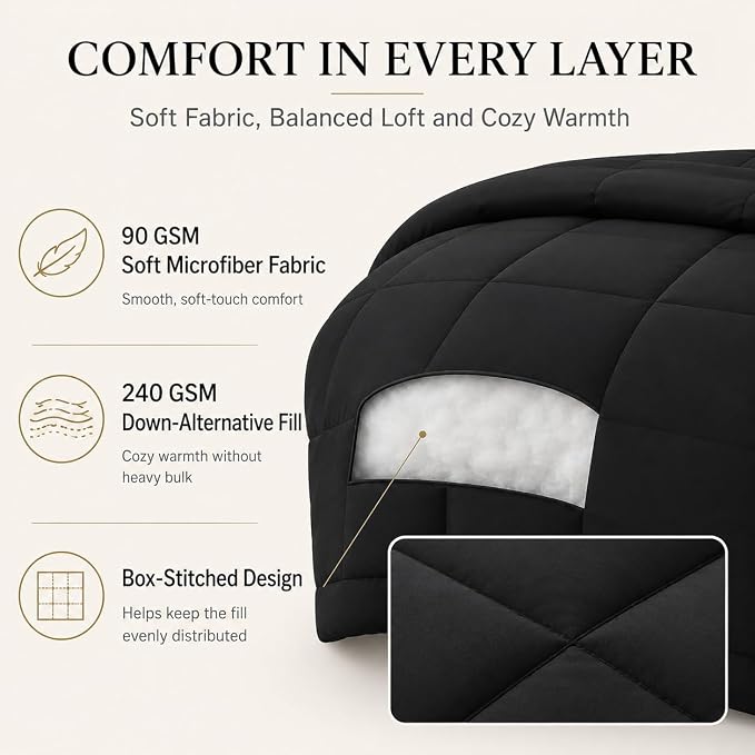 Twin XL Comforter Set Black - 5 Pieces Twin XL Bed in a Bag | College Dorm Essentials, OEKO-TEX Certified, All Season, Down-Alternative Comforter + Flat & Fitted Sheets + 2 Pillowcases