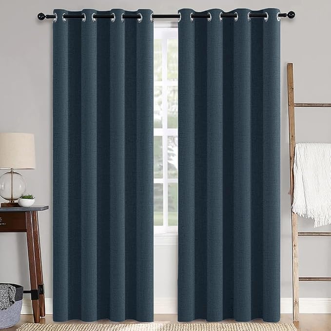 MIULEE 100% Blackout Linen Curtains for Bedroom 52x108 Inches Navy | Room Darkening, Light Blocking, Thermal Insulated, Grommet Top, Linen Textured, Window Curtains for Living Room, 2 Panels