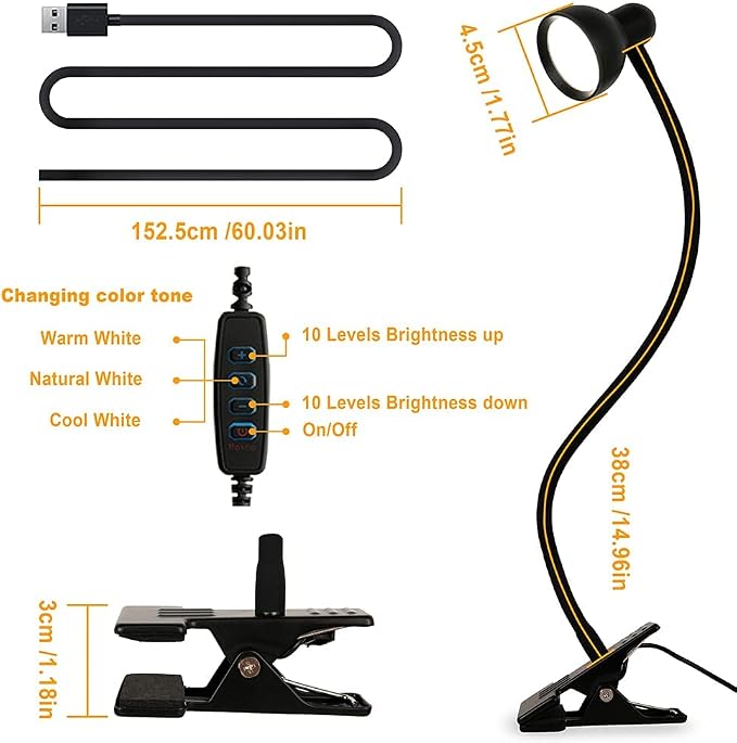 LiFMIRA Clip-on Reading Light - 3 Color Modes, 10 Dimmable Brightness,Black | Eye Care Clamp Desk Lamp with Flexible Gooseneck for Reading in Bed, Desk, Headboard, Computer