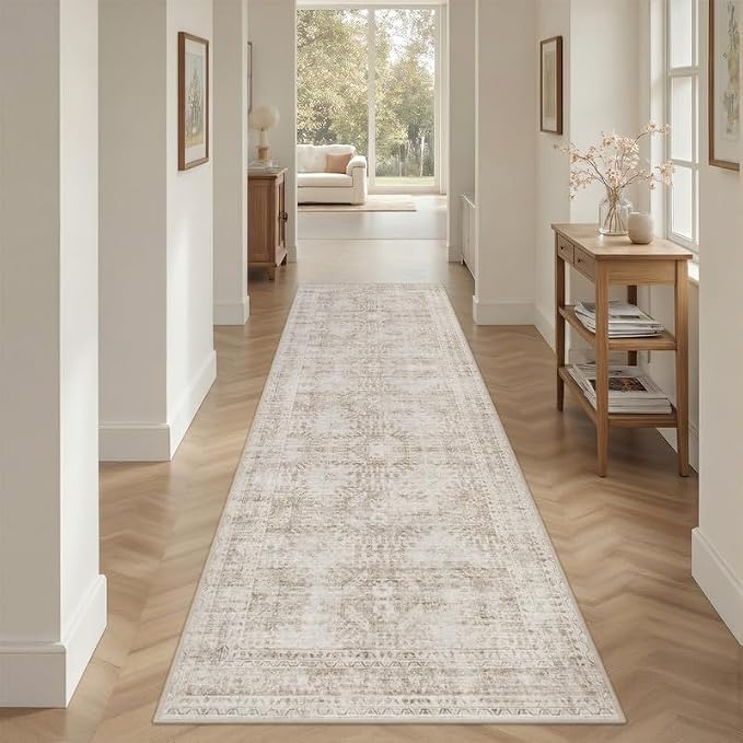 2'6''x8' Hallway Washable Runner Rug: Neutral Kitchen Carpet Brown | Vintage Boho Soft Small Indoor Decor Floor Non-Slip Low Pile Neutral Farmhouse Entryway Laundry Bathroom Bedroom Beside Rugs