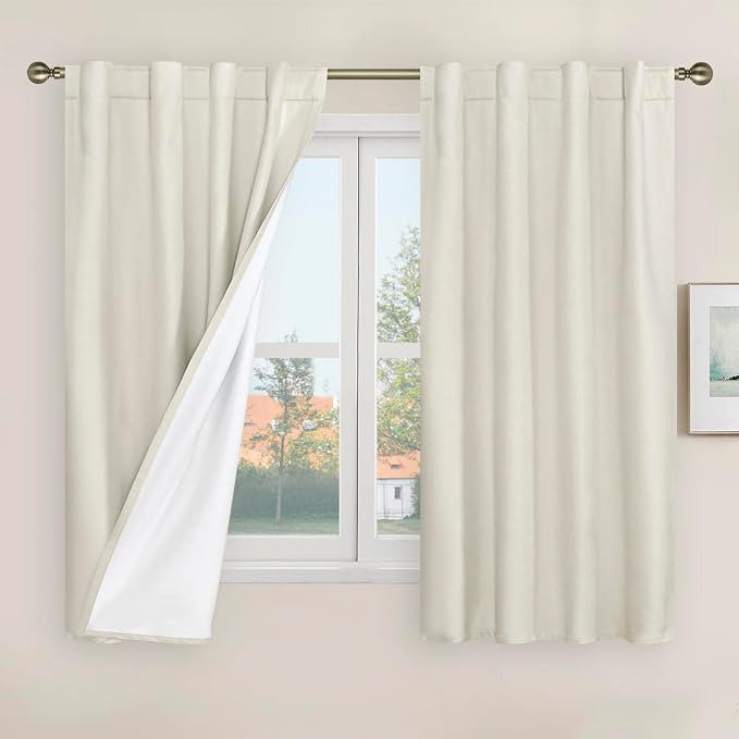 100% Blackout Short Linen Curtains 48 Inch Length for Kitchen, Ivory | Linen Textured, Thermal Privacy Curtains, Small Window Panels, Rod Pocket Back Tab, White Liner, 2 Panels, 42 x 48 Inch